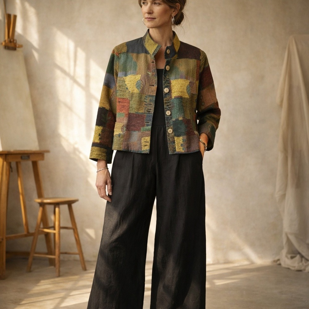 Vintage Bets by Canvasbacks Patchwork Tapestry‎ Jacket Boho Artwear L Textured